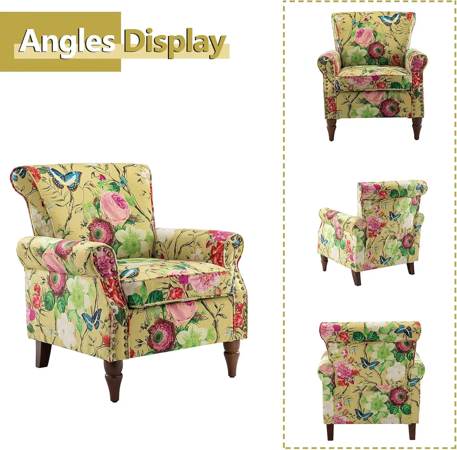 Description Picture 4 of itemModern Wingback Accent Chair with Wood Legs & Removable Cushion, Comfy Upholstered Armchair with Nailhead Trim, Floral Pattern