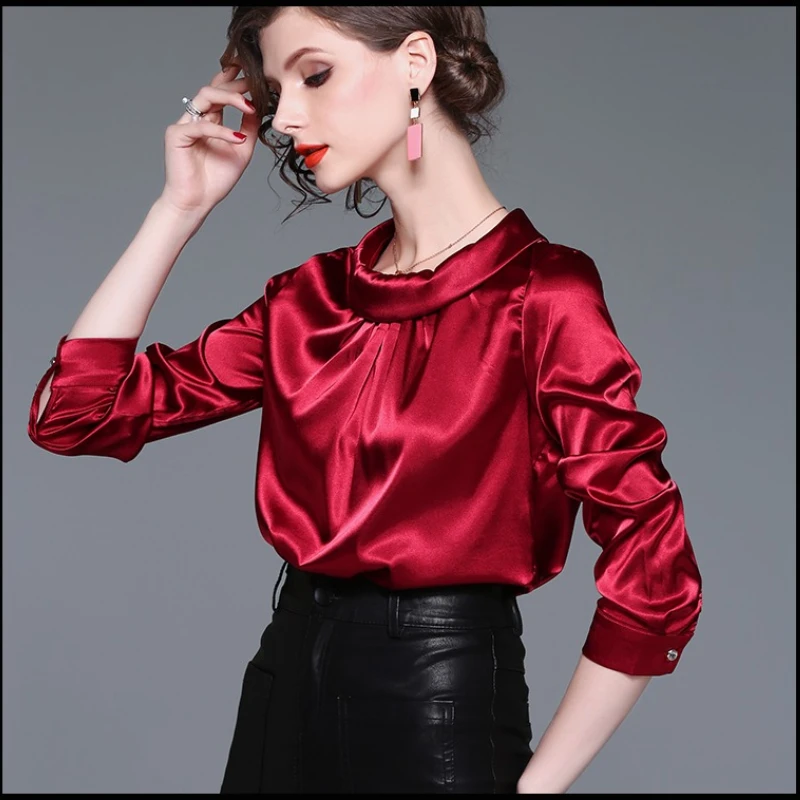 Chemisiers en satin de soie à manches longues pour femmes, taille slim, grandes tailles, chemisiers de bureau pour femmes, chemisiers en mousseline élégants, blusa feminina