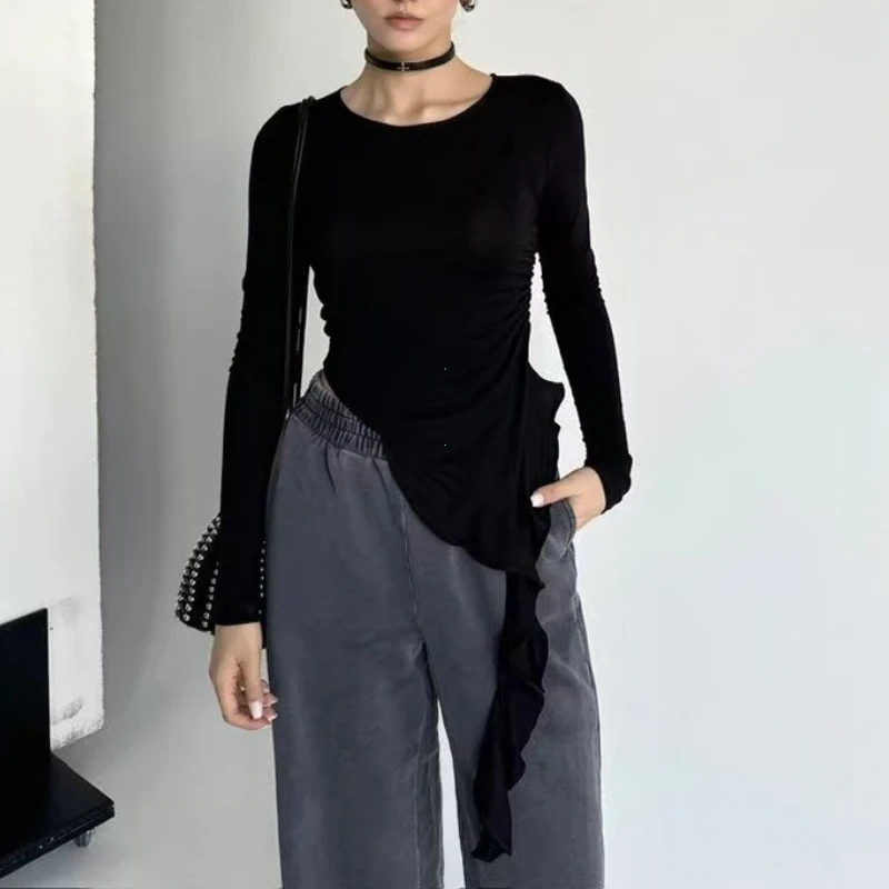 Irregular Tassel Women T-shirts Autumn Solid New Full Sleeve O-neck Shirring Slim Tops Female Wild Trend Street Clothing