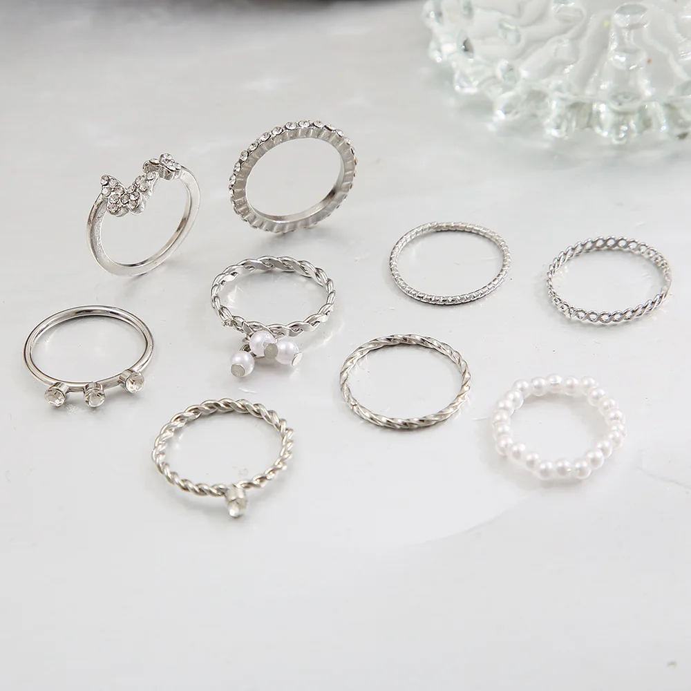 [韓国人気ジュエリー] nff vintage puff ring Bohemian Butterfly Pearl Rings Set for Women Shine Pearl