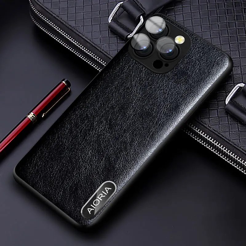 Luxury Leather Case with Metal Logo and Enhanced Camera Protection