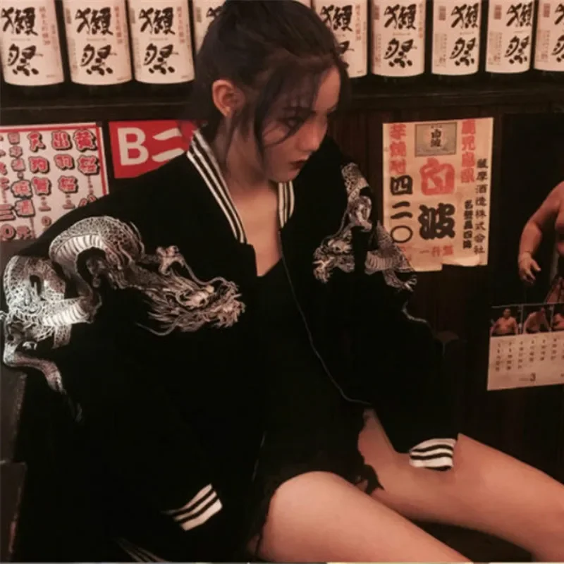 

Ретро Yokosuka Дракон вышитый свободный женский бейсбольный бомбер пальто толстая молния с длинным рукавом Кардиган уличная одежда топы