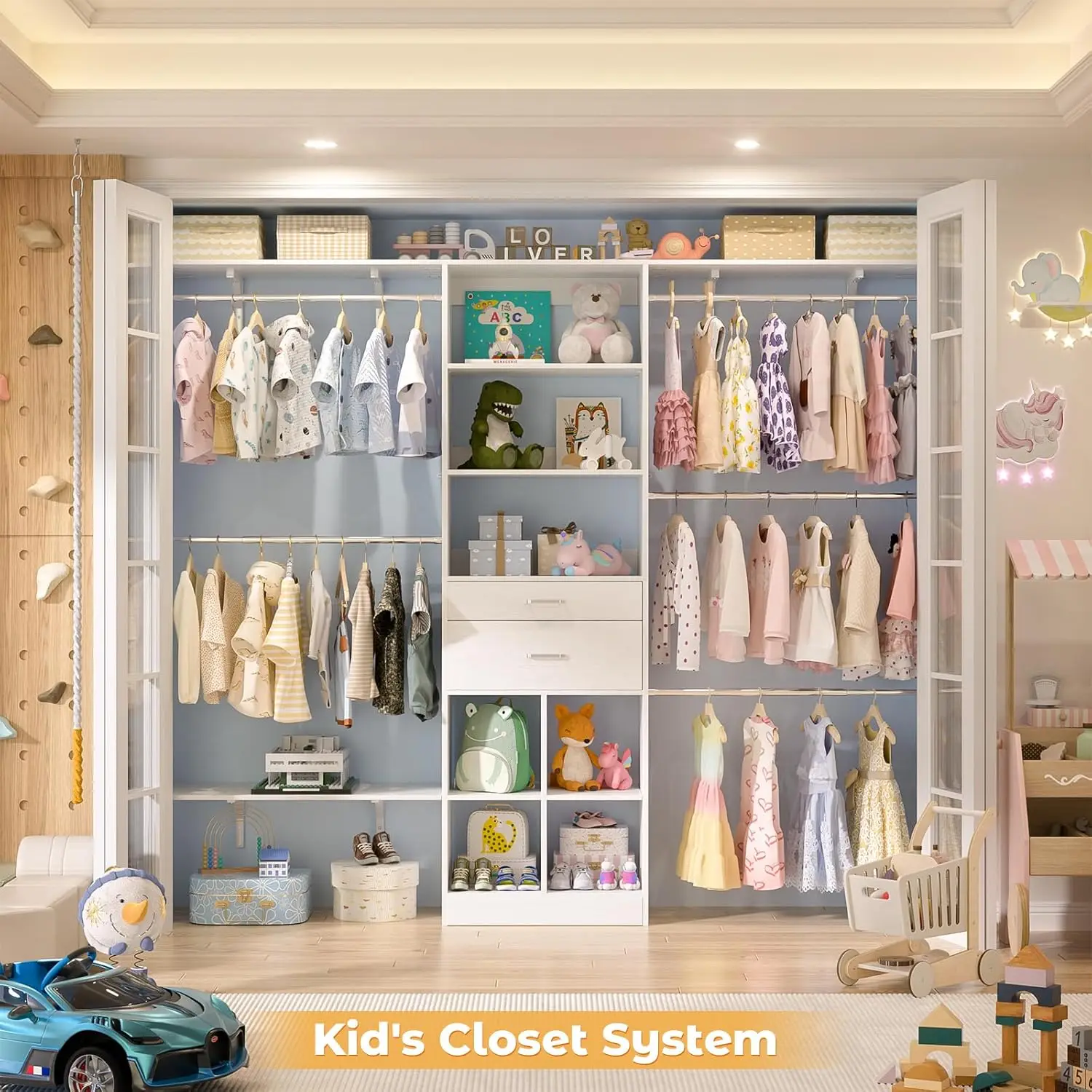 Closet System - 4.75-8FT Closet Organizer System with Wooden Drawers & Cube Storage Organizer, Up To 96" Closet Systems for 2