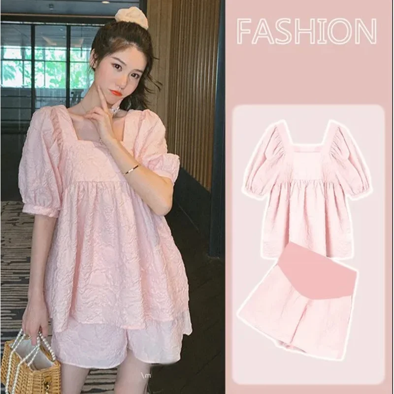 Pregnant Woman Clothes Set Solid Color Puff Sleeve Square Collar Shirts Belly Shorts Twinset Maternity Fashion Loose Suit