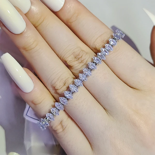 2024 New Marquise Oval Square Cut Luxury Silver Color on Hand Tennis Bracelet Bangle for Women Party Gift Jewelry S7062 4