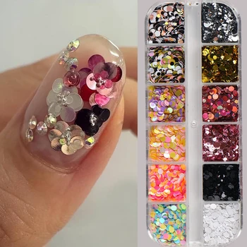 12 Grids Glitter Polka Dots Nail Sequins Y2K Laser Effect Multi-sized Circle Dots Nail Flakes DIY Sparkling Dots Nail Charms 1