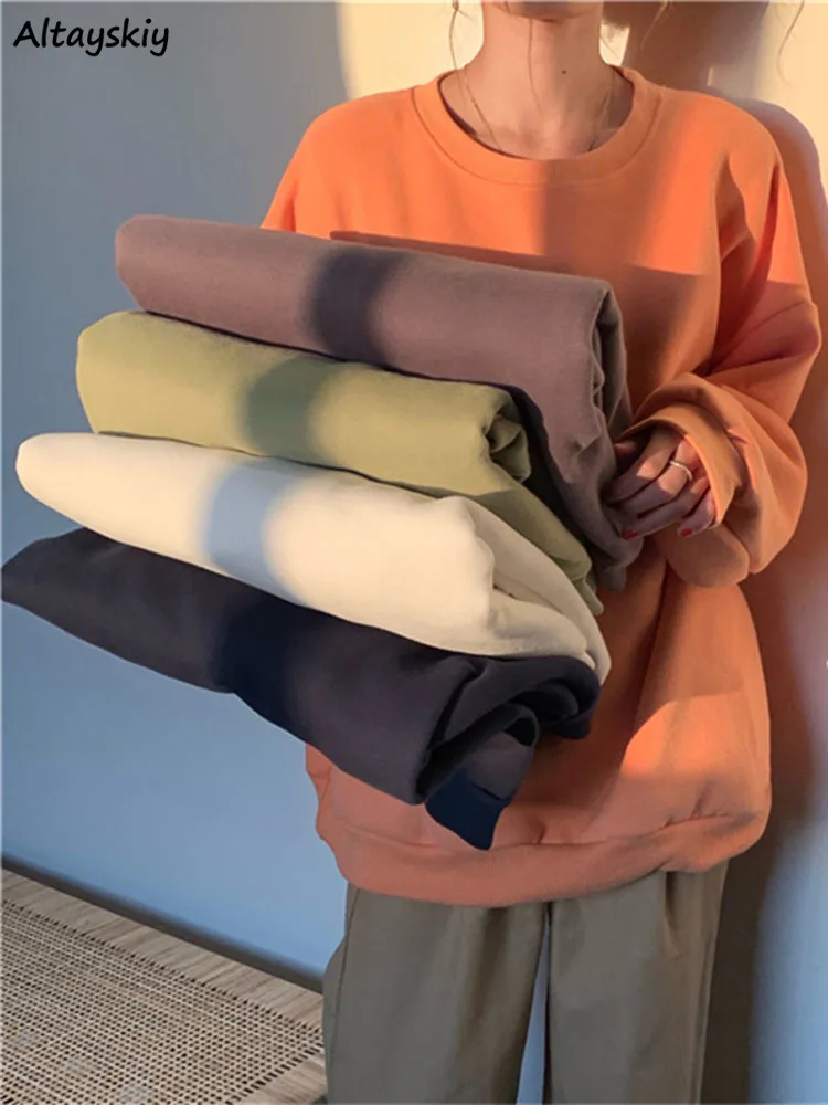 

Sweatshirts Women Loose Solid Spring New Basic All-match Chic Couple Simple Tender Retro Harajuku Candy Color Kawaii Ulzzang Ins