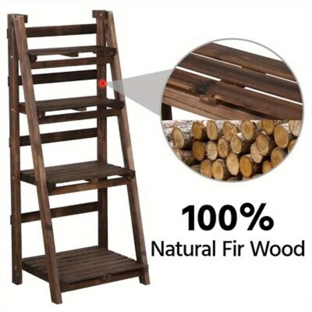 4-Tier Wooden Plant Stands Foldable Ladder Shelf Flower Display Indoors Outdoors