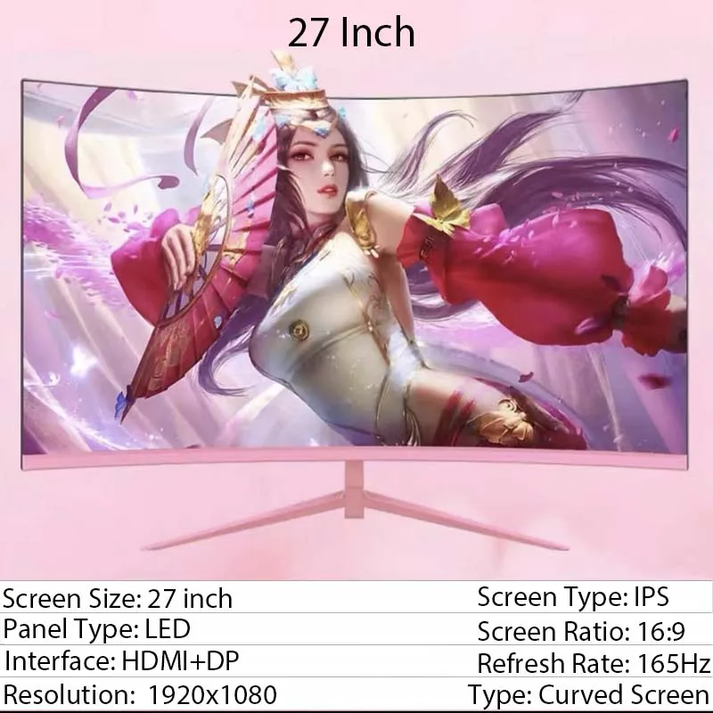 24インチ,27インチ湾曲モニター,1k 165hz,1800r,ピンクのゲーム