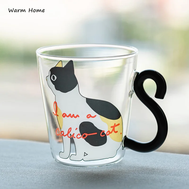 

250ML Cute Cat Glass Juice Coffee Cup Milk Tea Coffee Glass Mug Cat Tail Handle Valentine's Day Lover Gifts Cups with Gift Spoon