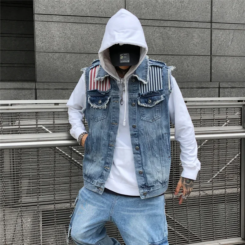European And American Hip Hop Street Style Denim Clothing For Couples Without Sleeves Motorcycle Rider Jacket