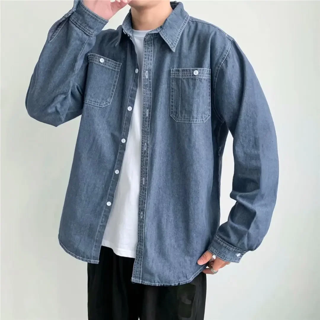 Casual Long Sleeve Men's Denim Shirt Spring Autumn Korean Style Fashionable Blue Casual Outerwear for Men Handsome