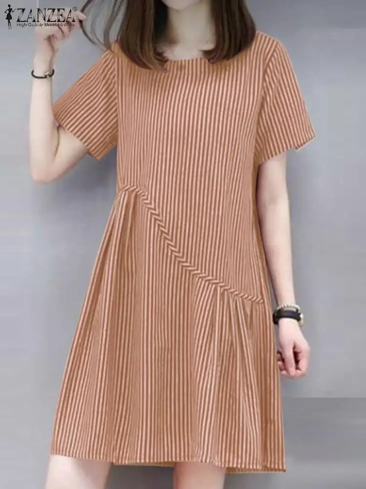 

ZANZEA Irregular Patchwork Women Robe 2024 Fashion Holiday Casual Short Sleeve Vestidos Ruffled O Neck Striped Knee-length Dress