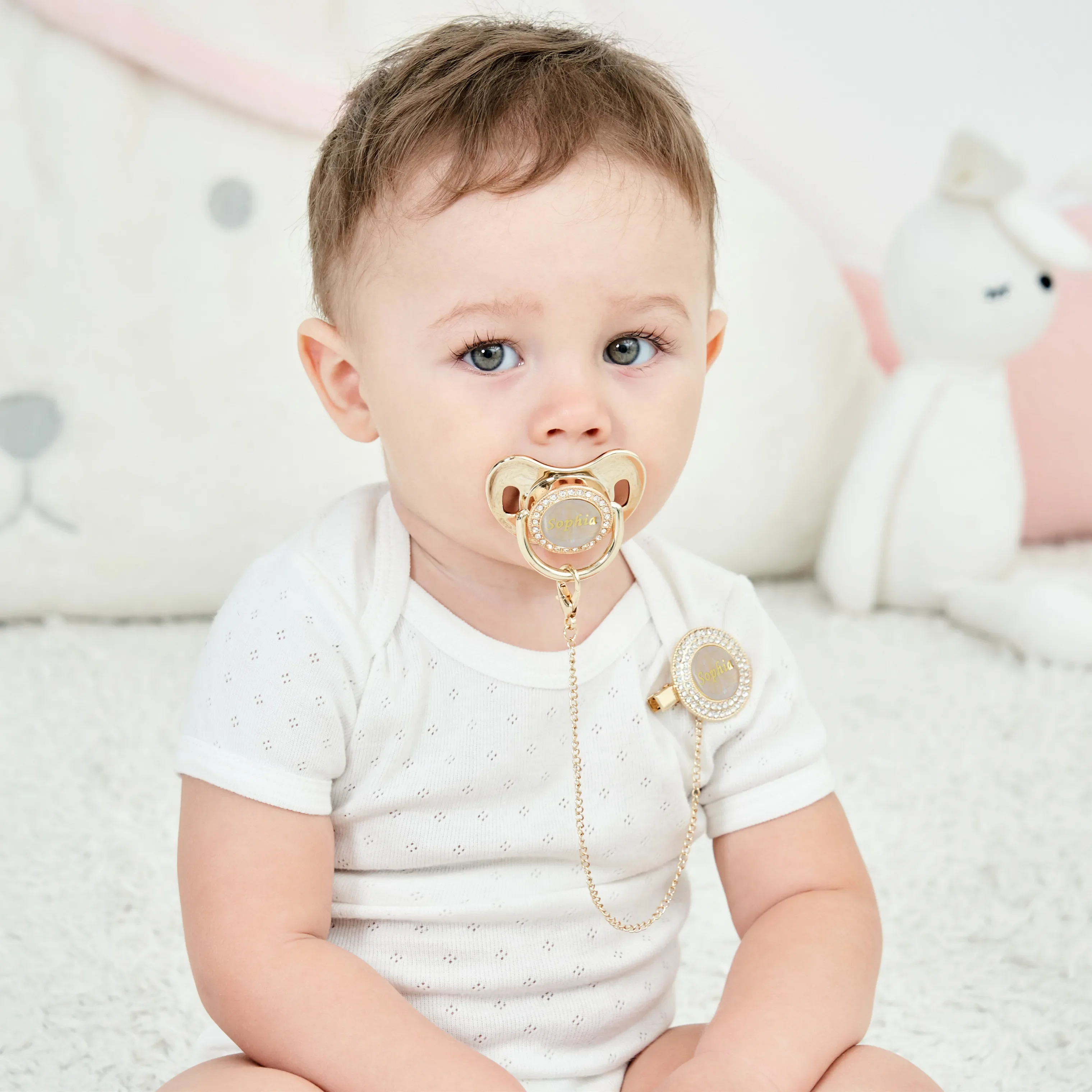 Silicone Pacifier MIYOCAR name transparent pearl bling pacifier and pacifier clip BPA free dummy bling unique gift baby shower pacifier holder