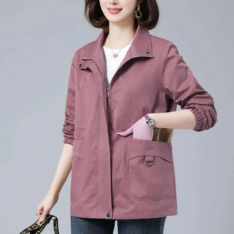 Mom Outfit Spring and Autumn New Stand Collar Trench Solid Color Zipper Pockets Girdle Loose Leisure Versatile Long-sleeved Coat