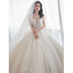 Luxury Short Sleeve Wedding Dress 2023 New Bridal Dress V Neck Beading Shinning Ball Gown Sweep Train Vestido De Noiva