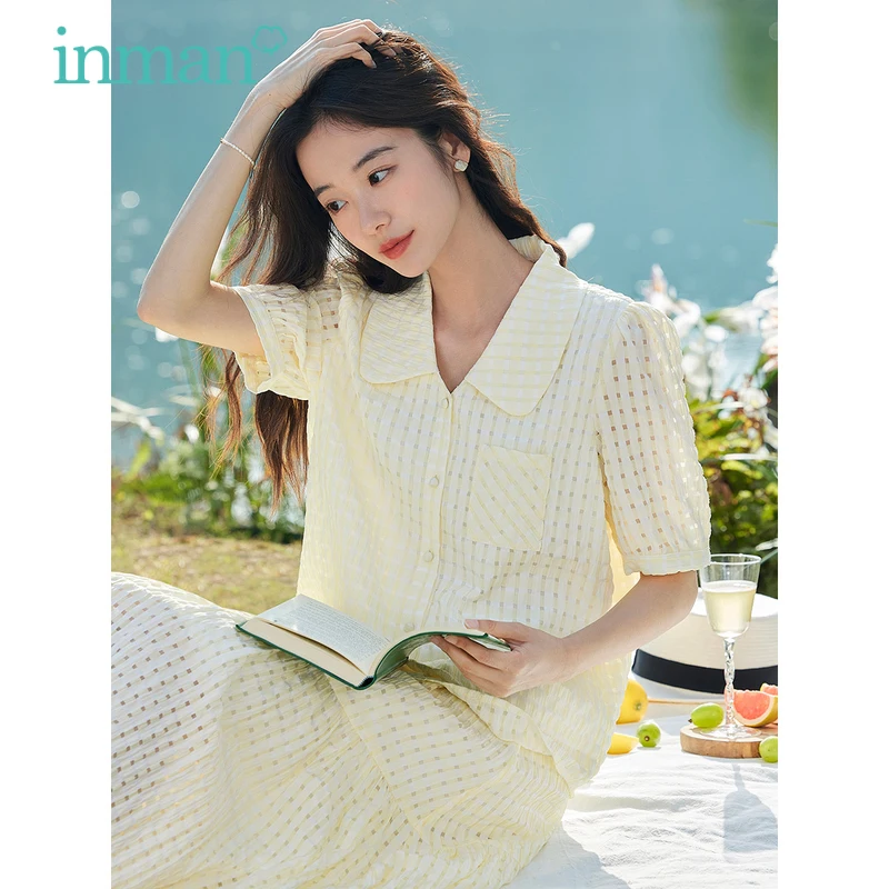 INMAN Women Blouse 2023 Summer Puff Sleeve Lapel Slim Shirts Square Pattern Texture Fabric Light Yellow Elegant Tops