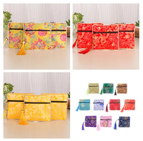 1PC Chinese Tassel Zipper Bags Silk Jewelry Storage Pouch Wedding Party Gift Sundries Home Storage Organizer Coin Bag