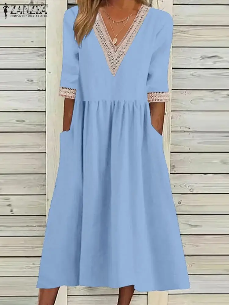 

Женский летний сарафан ZANZEA 2023 с V-образным вырезом и рукавом до локтя, однотонное повседневное свободное платье средней длины, винтажное кружевное пляжное платье в стиле пэчворк