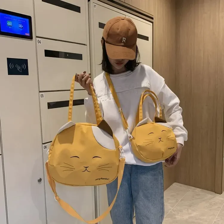 Cartoon Cat Pattern Tote Bag, Casual Lightweight Handbag, Ladies Fashionable Street Shoulder Bags Teen Nylon Cute Messenger Bag