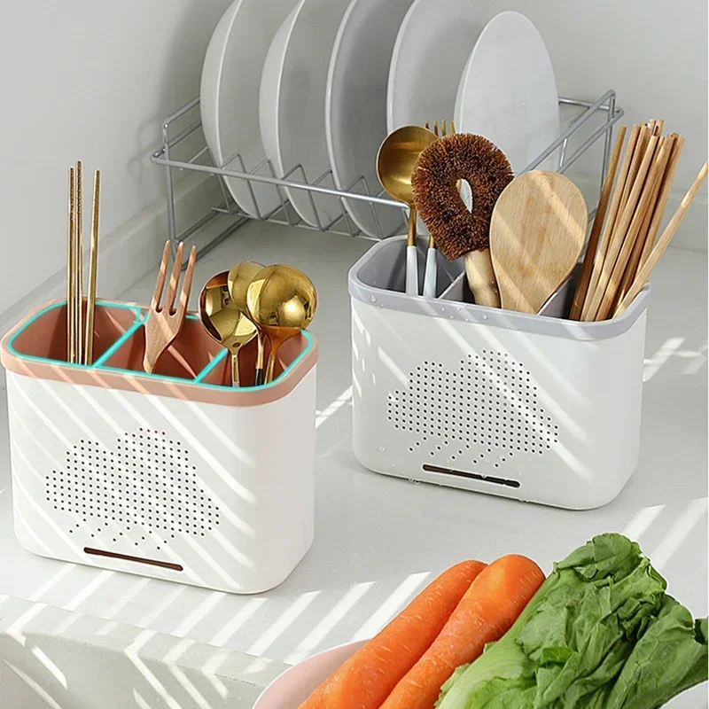 Kitchen Double Layer Drain Chopsticks Cage Multifunction Cutlery Hollow Drainer Storage Rack Knife Holder Tableware Organizer 3