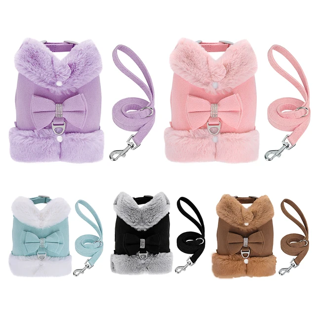 Soft Warm Dog Vest Harness and Leash Set Cute Bowknot Pet Winter Clothes Vest Warm Fur Small Dog Clothing French Bulldog Pink 2