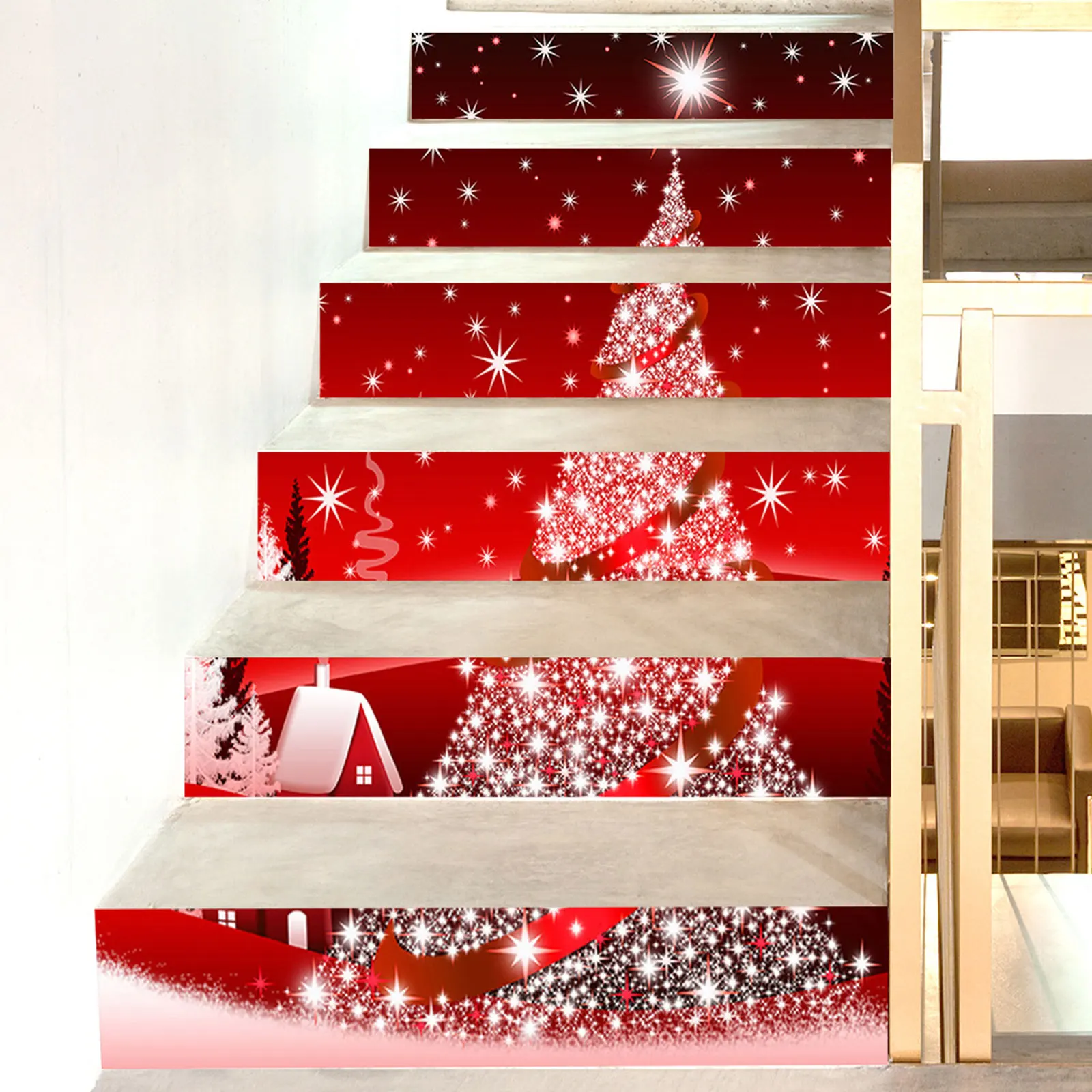 3D Christmas Stair Risers Decals Removable Christmas Tree Stairway Stickers Wall