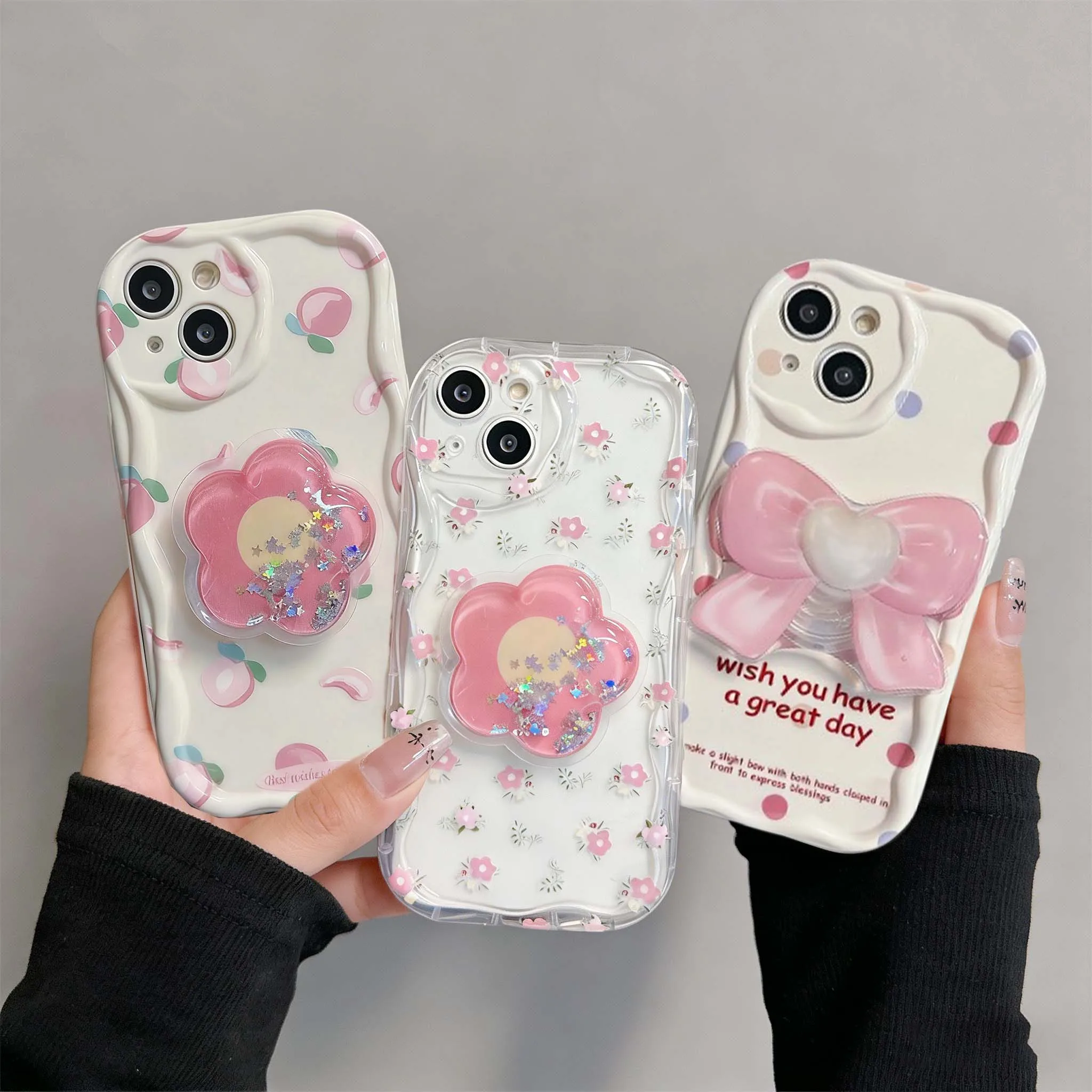 Korean Flower Bracket Holder 3D Wave Phone Case Cover