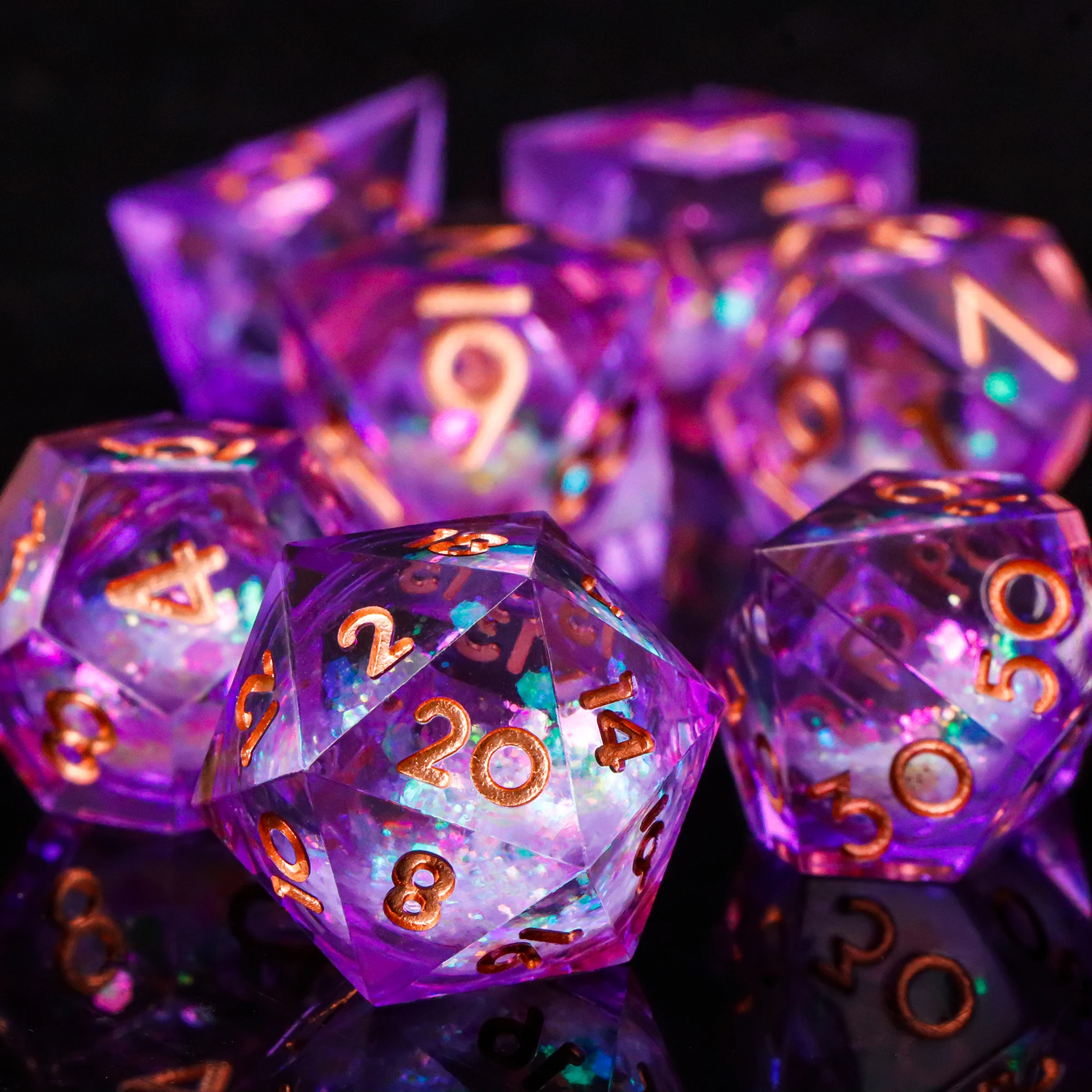 DND 주사위 세트 7개, 퀵샌드 리퀴드 코어 샤프 엣지 수제 D&D 주사위 세트 (던전 앤 드래곤 RPG, MTG 롤플레잉 게임용)
