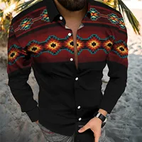 Ethnic Shirt Men Long Sleeve Aztec Geometric Printed Western Ethnic Shirts Streetwear Casual Top Vintage Shirts Button Blouse - Image 3