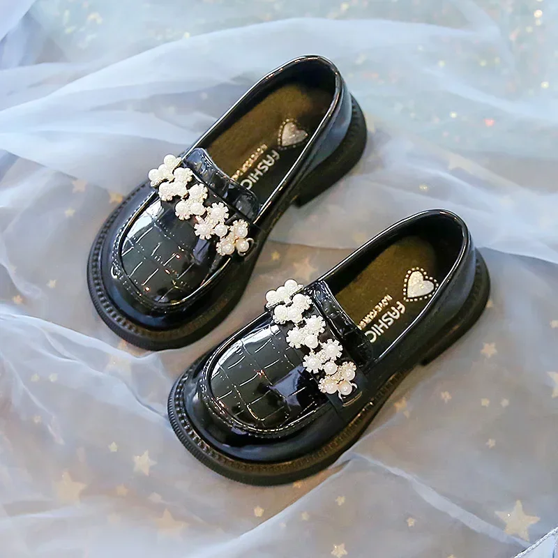 Kids PU Leather Shoes Spring Autumn Fashion Girls Pearls Casual Princess Flats Soft Loafers School Student Children Black Beige 5