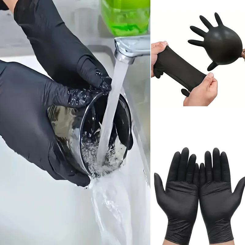 Disposable Black Gloves 100pcs Suitable for Kitchen Cleaning Tattoos Hair Dye Dishwashing Waterproof and Oil Resistant Gloves