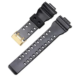 Elegant 16mm Resin Sports Watchband with Gold Buckle - Waterproof Replacement Bracelet - 16mm (Glossy black gold)