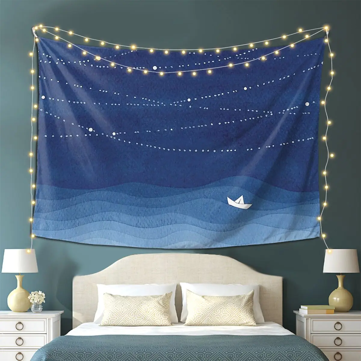 

Garland Of Stars 2, Blue Watercolor Tapestry Art Aesthetic Tapestries for Living Room Bedroom Decor Home Wall Cloth Wall Hanging