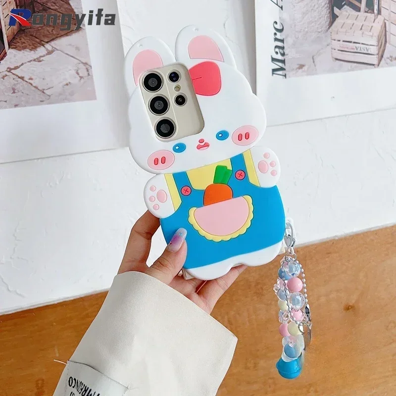 

Cute Rabbit Radish Phone Case For OPPO A16 A16S A95 A74 A52 A92 A72 A31 A9 A5 A73 A54 Pro Animal Back Cover +Bracelet + Lanyard