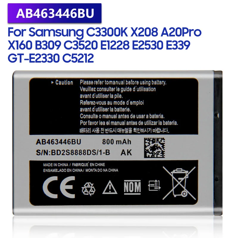 

Replacement Battery AB463446BU AB043446BE For Samsung X520 S139 M628 E1200M E1228 F258 E878 X160 Rechargeable Battery 800mAh