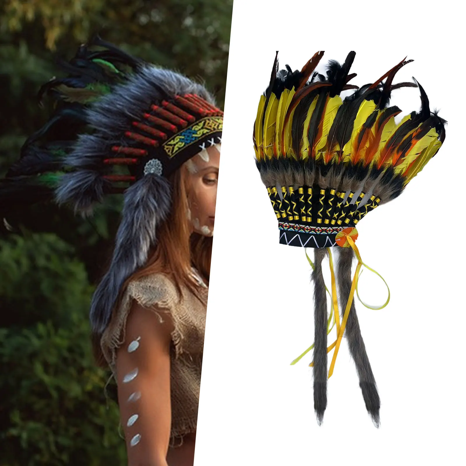 インディアン ヘッドドレス 羽根飾り 装飾品 飾り 雑貨 ネイティブ カントリー オブジェ SON360  カチーナトレーディング｜アメリカ直輸入のウエスタン商品 [kowaku] インディアンネイティブチーフヘッドドレスステージパフォーマンス人工羽根ヘッドピース