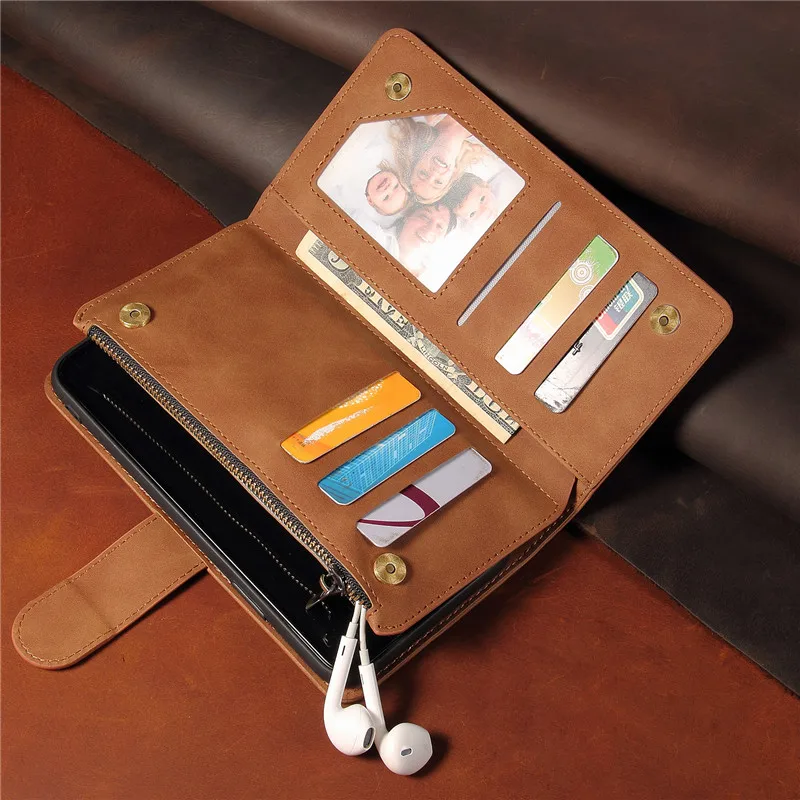 Leather Zipper Purse Flip Wallet Phone Case with Multi-Card Slots