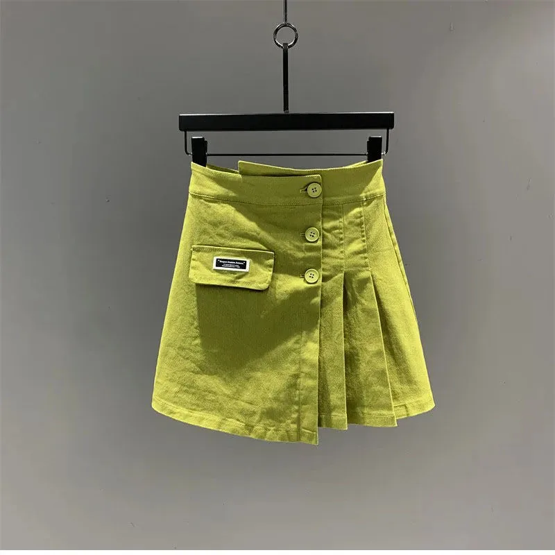 

Summer Chic Pleated Denim Skirt Fashio Irregular Women High Waist A-line Short Skirt Single Breasted Pure Color Mini Jean Skirts
