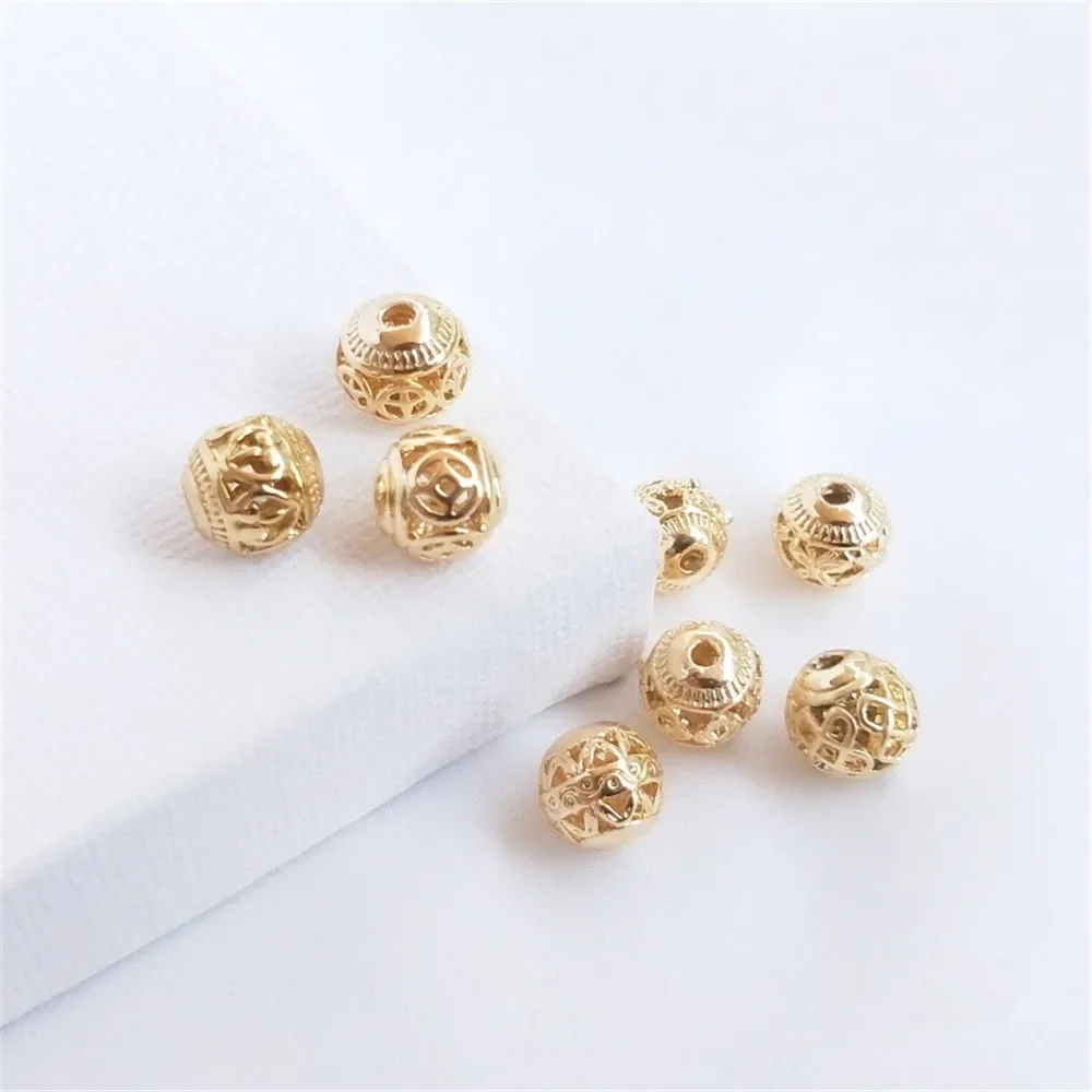 

14K Gold Plated Hollow out flower ball heart copper coin grain round beads DIY ornaments bracelet loose beads 8mm