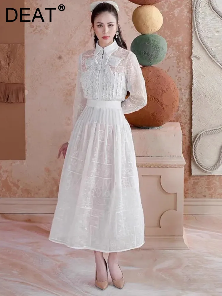 

DEAT 2 Pcs Set Lapel Lace Embroidery White Shirt A-line High Waist Skirts Women's Elegant Suits 2024 Spring New Fashion 13DB2098