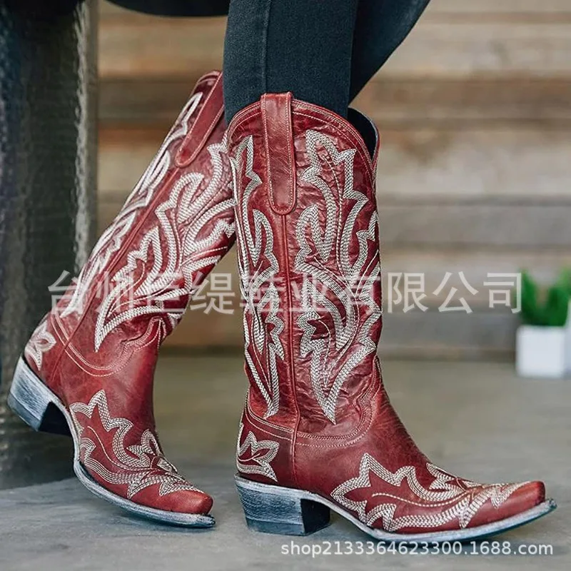Mid-Calf Western Boots Fashion Women's Embroidered Cowboy Cowgirl Boots Pointed Toe Thick Heels Mid-calf Riding Boots