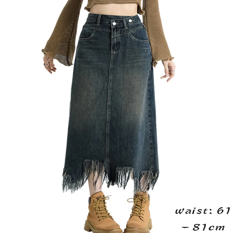 

High quality long denim skirt for women tassel wash a line shape new 2024 youthful lady vintage clothing - blue