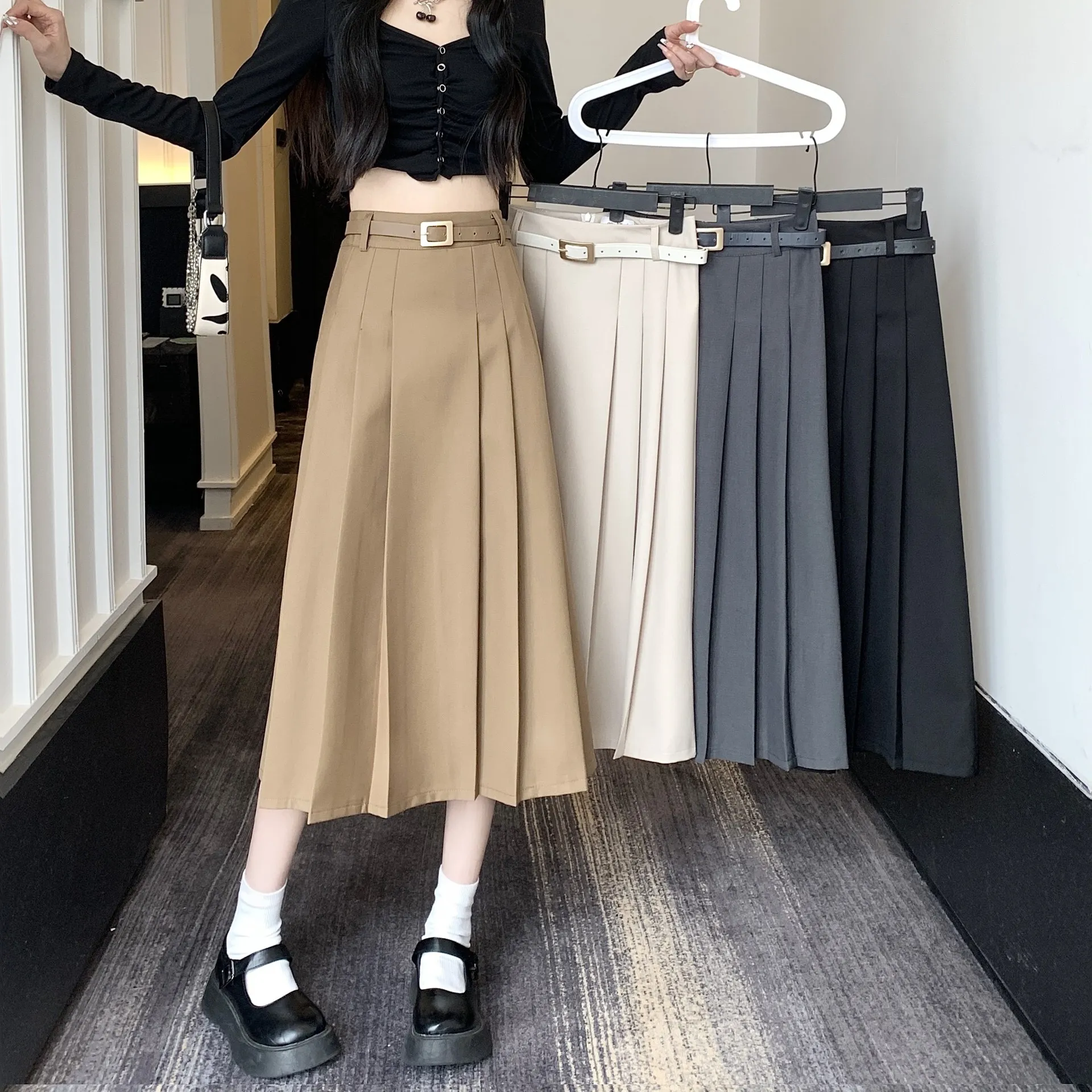 

2023 New Autumn Midi Pleated Skirt Women Korean Fashion Casual Solid Colour Skirt Send Belt Female Summer Slim High Waist Skirt