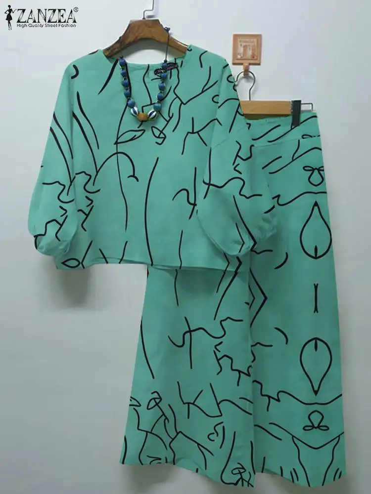 

Костюм ZANZEA женский из блузки и брюк, Модный богемный костюм из 2 предметов, повседневный спортивный костюм с принтом