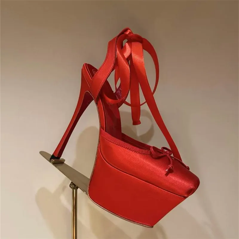 Women Lace-Up High Heeled Shoes for Woman's Square Toe Thin Heels Platform Pumps Mujer Pleated Slingback Wedding Luxury Sandals 3
