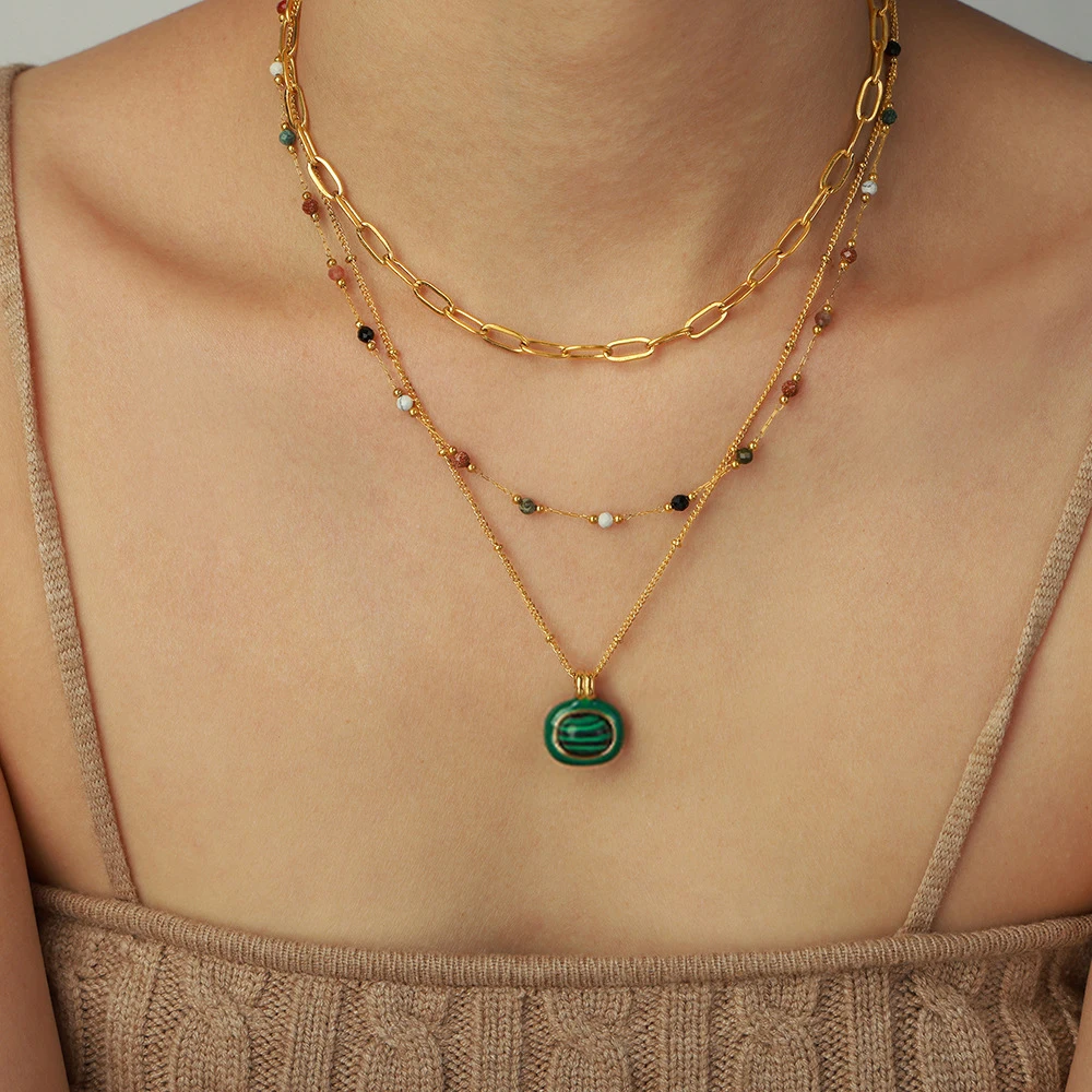 Malachit Anhänger Halskette Für Frauen Edelstahl Vergoldet Naturstein Perlen Weiblichen Kette Halsketten Luxus Frau Schmuck
