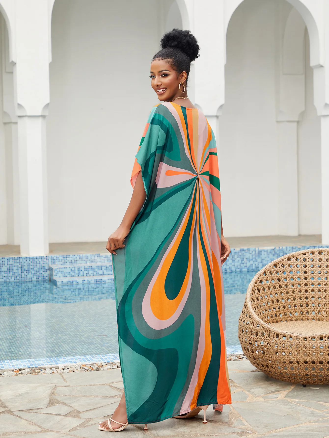 Women Beach Cover Up Loose Kaftan Dress Colorful Geometric Bathing Suit Bikinis Set Dress 5