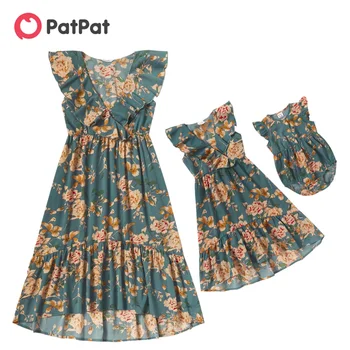 PatPat New Summer Mommy and Me Floral Print Flounce V-neck Sleeveless Dresses