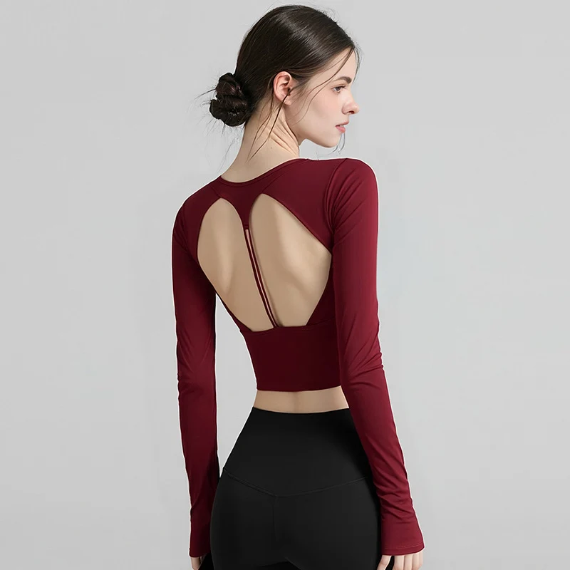 Sexy Hollow Backless Yoga Wear Long-sleeved Shirts Gym Women's Slimming Sports Top Pilates Training Fitness Wear Outer